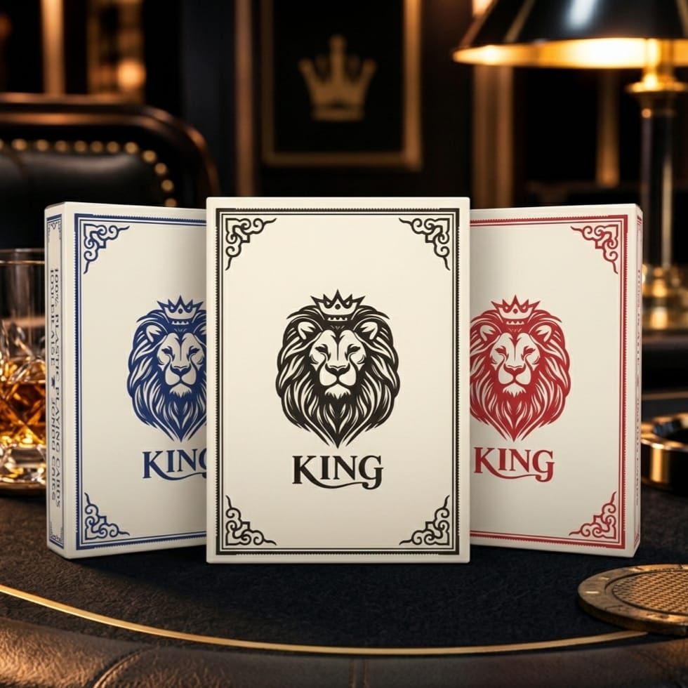 שלוש קופסאות קלפי KING בגוונים כחול, שחור ואדום, עם לוגו האריה, על שולחן בטרקלין