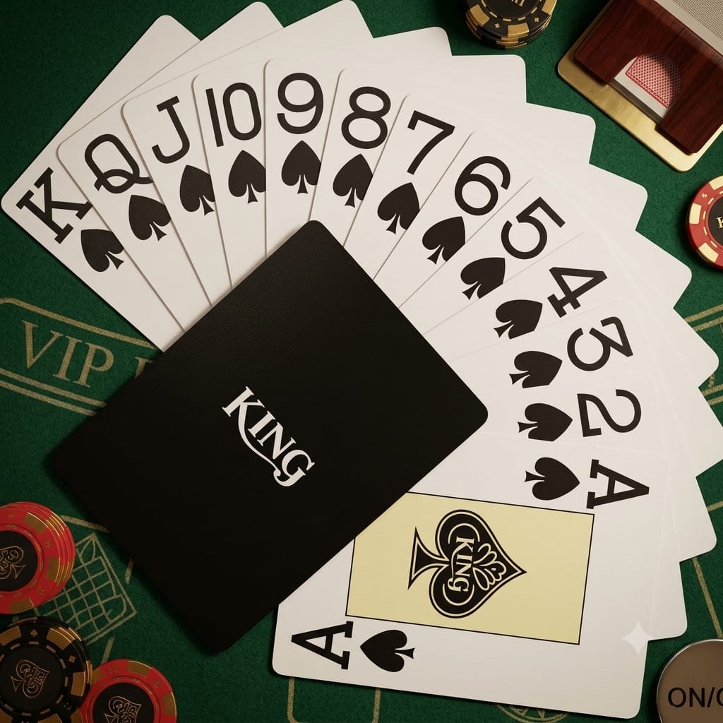 סדרת הקלעים המלאה, מאס ועד מלך, מחפיסת KING שחורה פרושה על שולחן ירוק לצד קופסת החפיסה