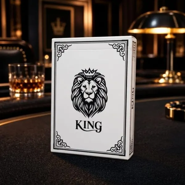 קלפי פוקר מקצועיים KING בגוון שחור — חפיסה עומדת על שולחן פוקר, גב הקלף עם עיטור אריה