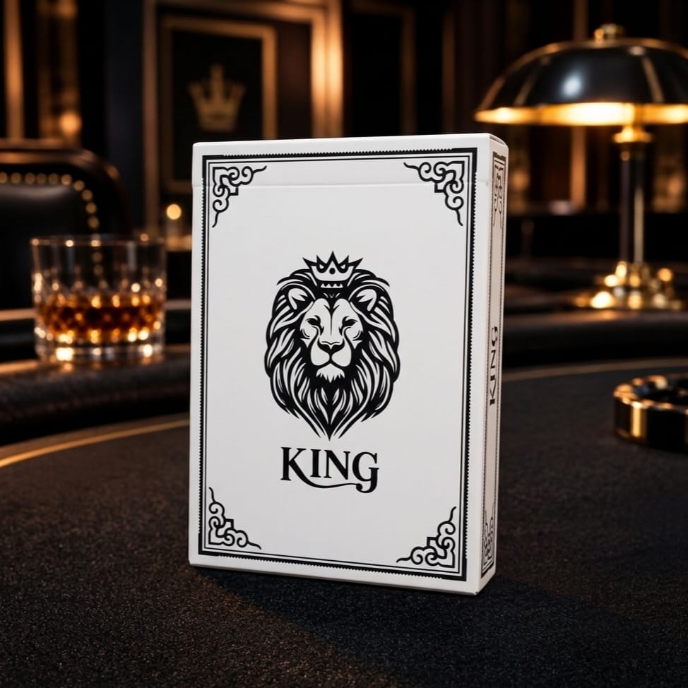 קלפי פוקר מקצועיים KING בגוון שחור — חפיסה עומדת על שולחן פוקר, גב הקלף עם עיטור אריה