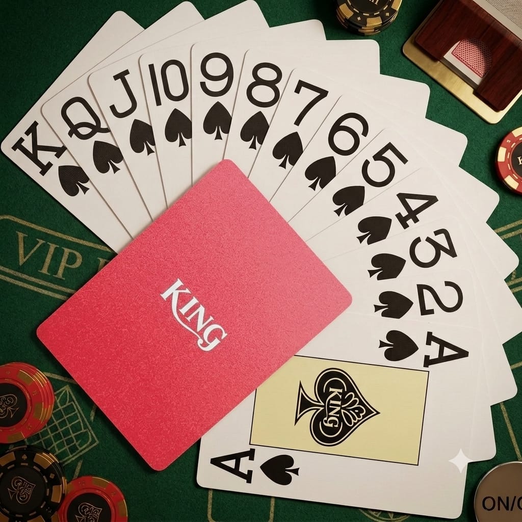 סדרת הקלעים המלאה (אס עד מלך) מחפיסת KING אדומה פרושה על שולחן ירוק, לצד קופסת המארז