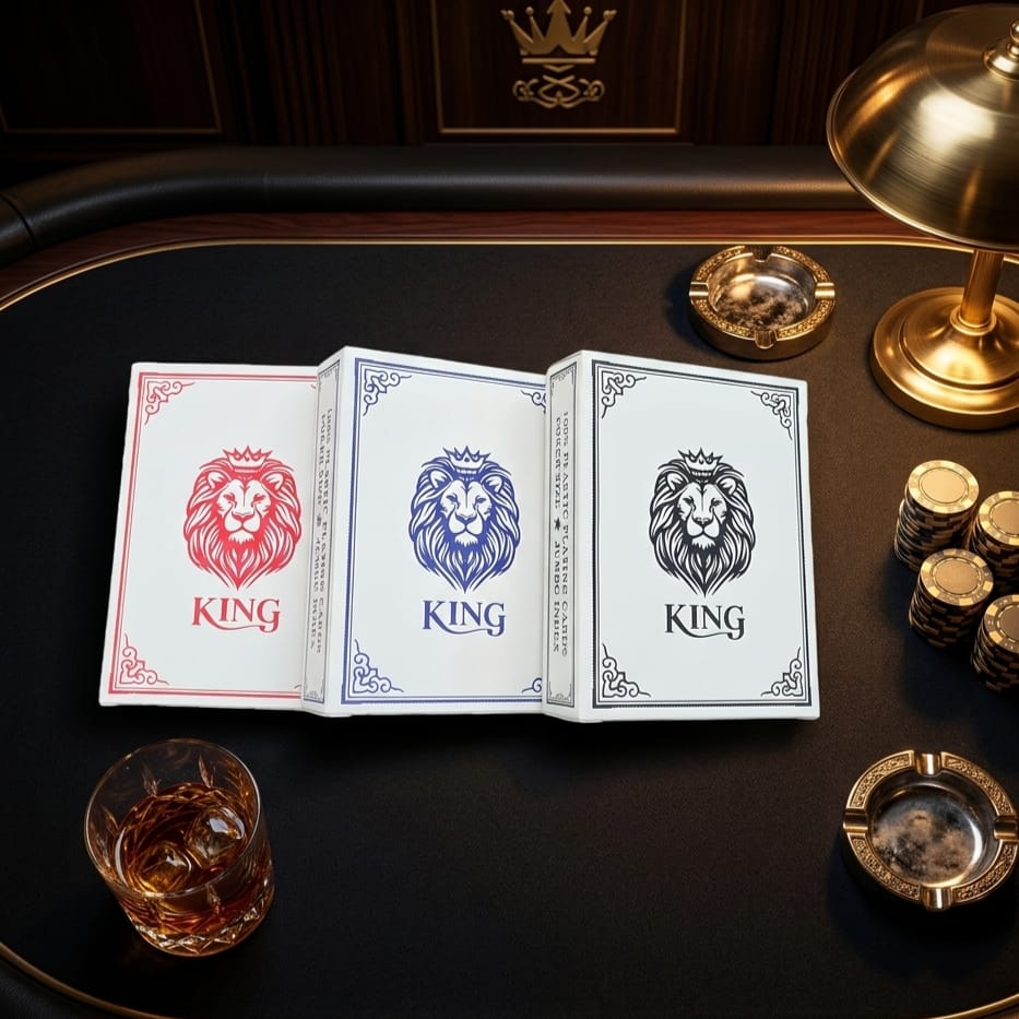 שלוש קופסאות KING בגוונים אדום, כחול ושחור זו לצד זו על שולחן פוקר יוקרתי