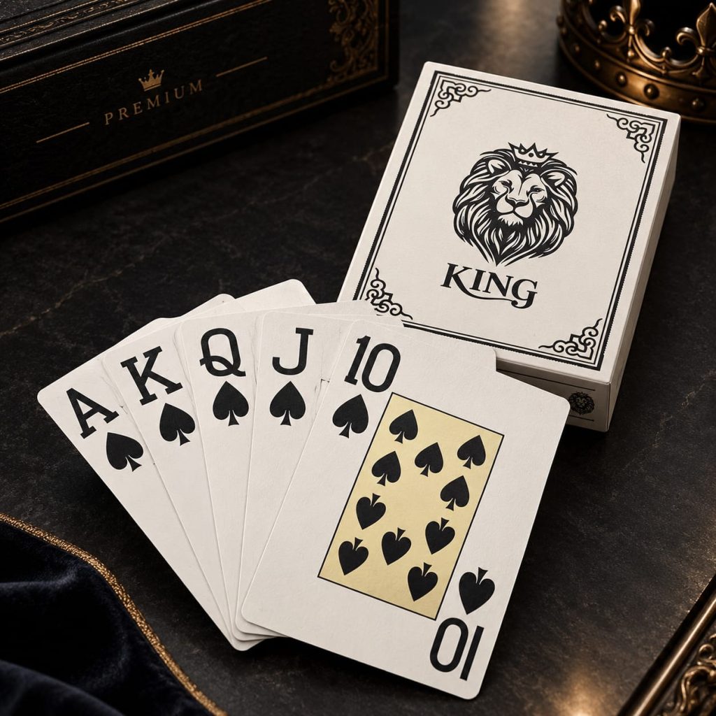 קופסת KING VIP פתוחה עם יד פוקר בקלעים מאס עד עשר, לוגו האריה על הקופסה ולצדה קופסה נוספת
