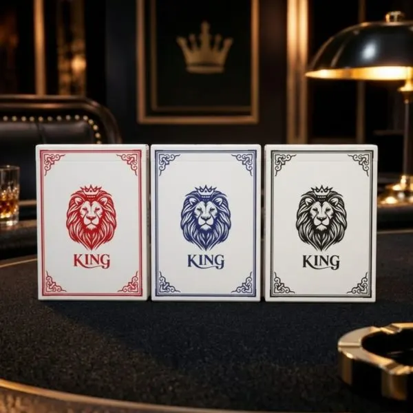 מארז KING VIP — 12 חפיסות קלפי פוקר מקצועיים בשלושה גוונים, שחור כחול ואדום